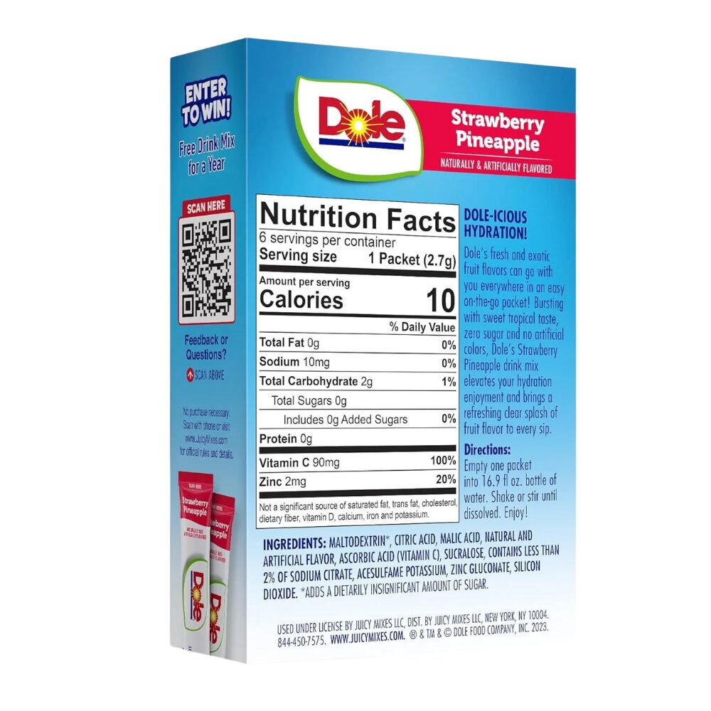 Dole Zero Sugar Drink Packets – Strawberry Pineapple, 6 Pack