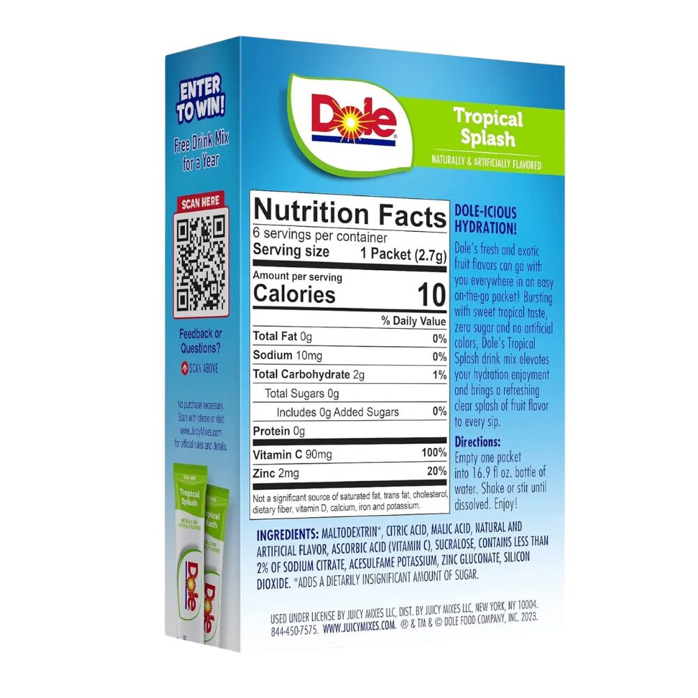Dole Zero Sugar Drink Packets – Tropical Orange Pineapple, 6 Pack