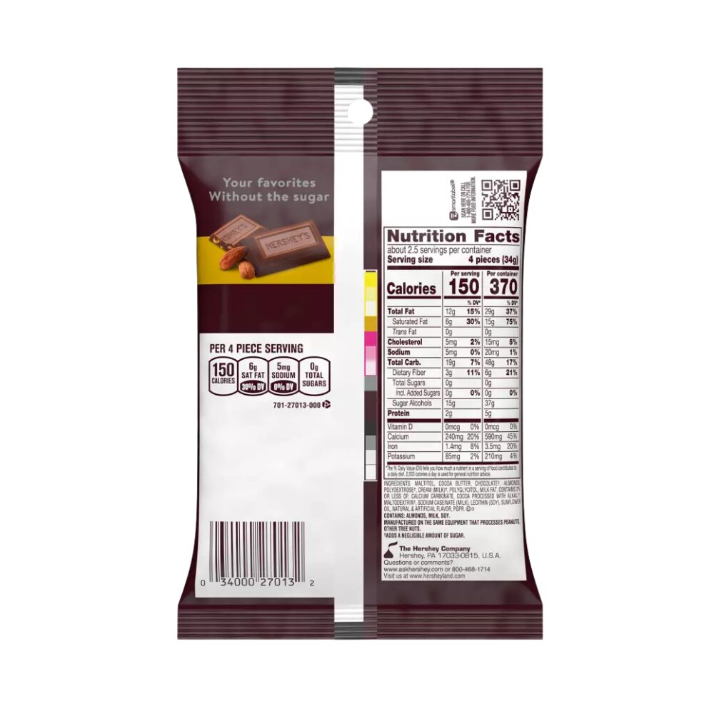 HERSHEY'S Zero Sugar Chocolate with Almonds Candy, 85g